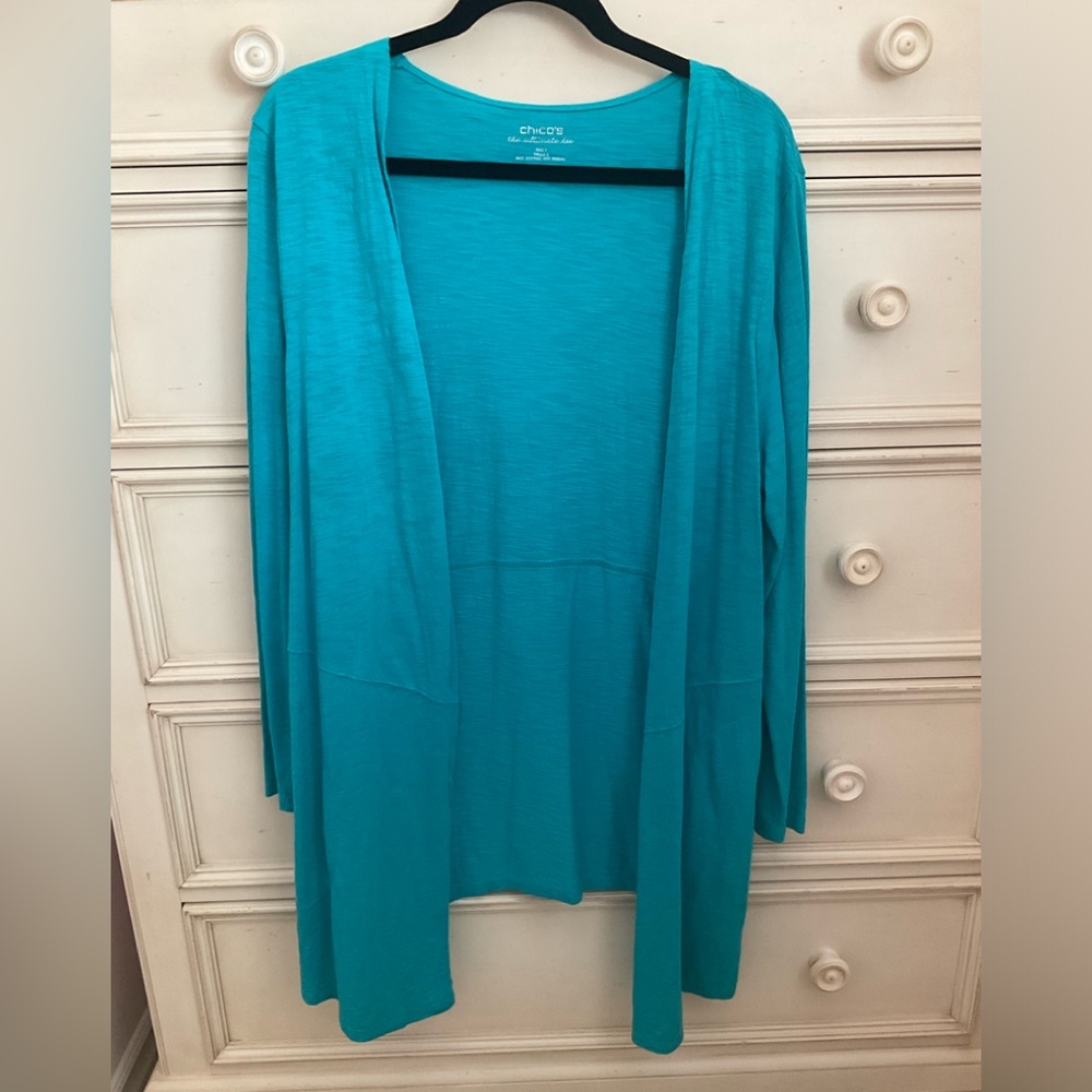 Chico’s Ultimate Tee Open Front Turquoise Cardigan Sz 2 Pockets